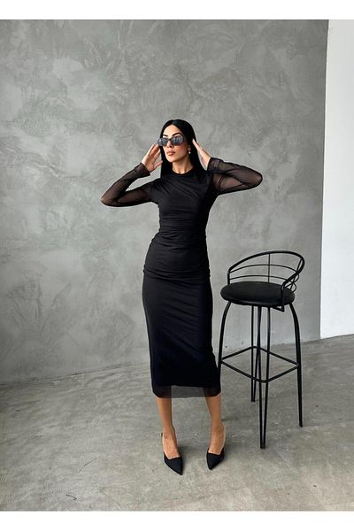 giyimmasalı Tulle Fabric Drape Detailed Pencil Dress - Black