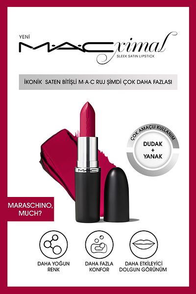 M.A.C Macximal Sleek Satin Lipstick Ikonik Satin Finish Lipstick-Maraschino, Much? 3.5Gm