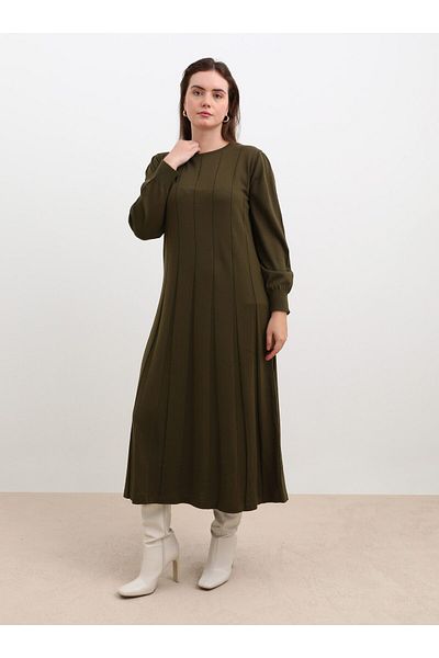 ALİA Neck Pleated Large Size Knitwear Dress - Khaki - Alia