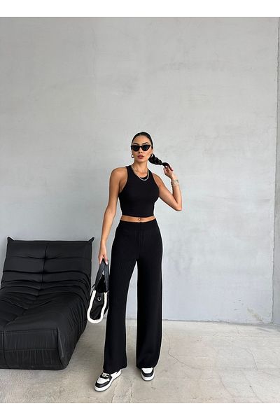Ozy Fashion Women's Black Ribbed Knitwear Trousers - Tri001