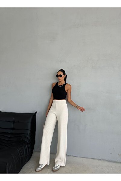 Ozy Fashion Kadın Krem Fitilli Triko Pantolon Tri001