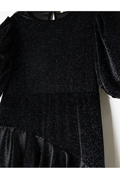 Koton Sim Detaylı Balon Kollu Katlı Kadife Elbise