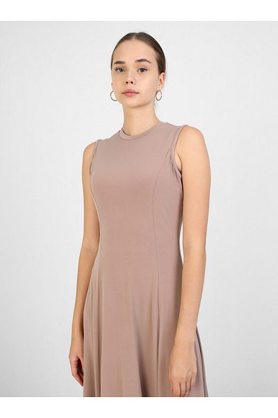 Refka Sleeveless Sandy Fabric Hijab Dress with Crew Neck - Latte - Refka