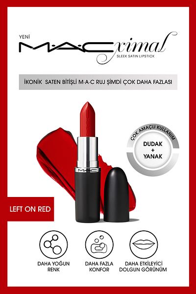 M.A.C Macximal Sleek Satin Lipstick - Iconic Lipstick-Left on Red 3.5Gm