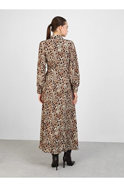 Refka Leopar Desenli Poplin Kumaş Tesettür Elbise - Leopar desenli - Refka