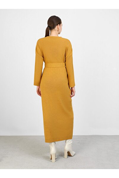 Refka Kemer Detaylı Triko Tesettür Elbise - Hardal - Refka