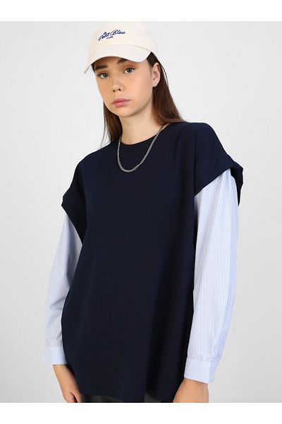 Benin Navy Blue Benin Tunic - Λεπτομερή μανίκια πουκάμισου