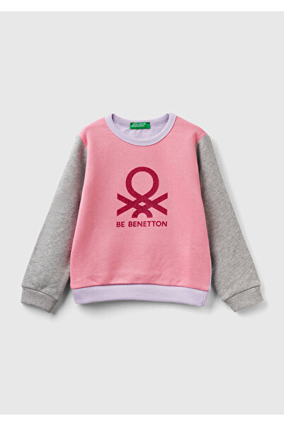 United Colors of Benetton Pink Glittered Benetton Girl's Sweatshirt - Written