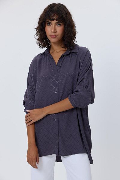 Tuba Butik Oversize Patterned Satin Smoked Women's Shirt