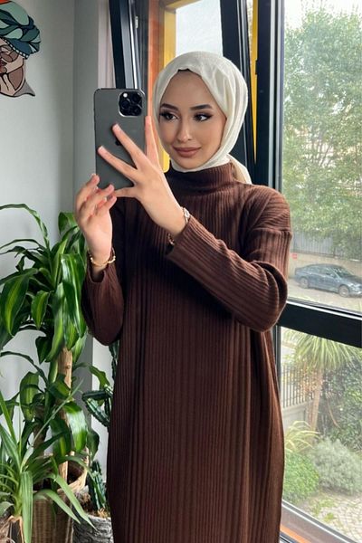 Tesettür Vagonu Half Fisherman Bitter Brown Knitwear Dress