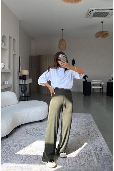 Paw Garage tricotaj cu striații Pantaloni largi, Pantaloni largi pentru femei...