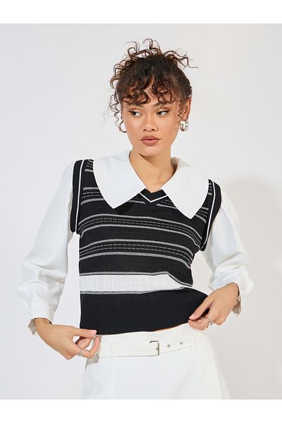 Styli Striped 2in1 Style Collared Knit Top