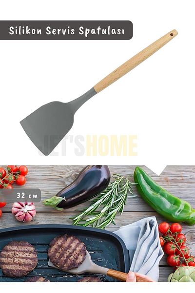 Jet's Home 32 cm Silicone Serving Spatula - Kitchen Spoon, Cake Spatula, Wooden Handle