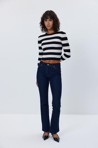 Tuba Butik Crew Neck Striped Crop Knitwear Black Women's Sweater
