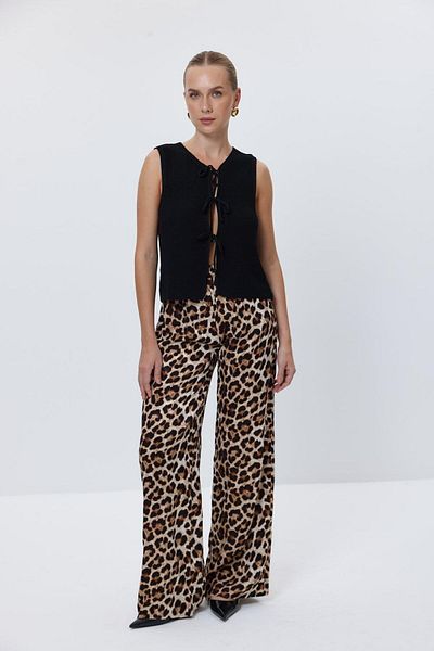 Tuba Butik Leopard Patterned Beige Brown Women's Trousers with Elastic Waist