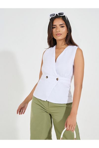 Styli Solid V Neck Wrap Top with Button Detail