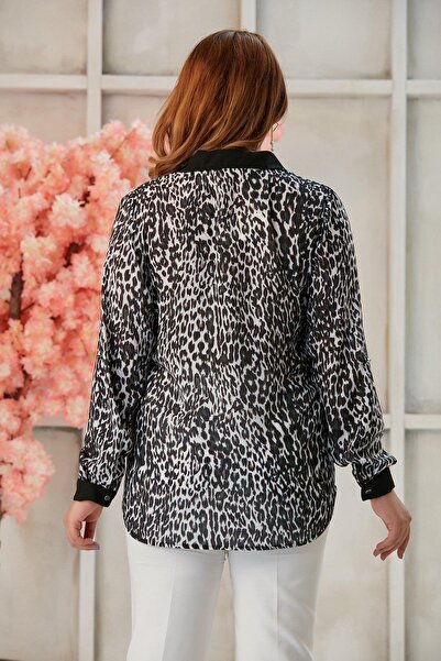 bezeXL Leopard Pattern Large Size Shirt with Sleeve Detail