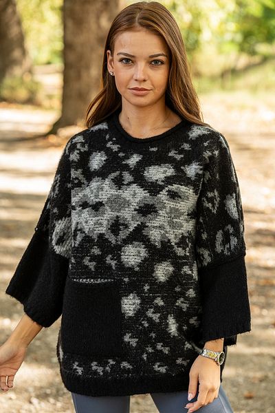 VerdeBlanco Pulover negru cu model leopard din tricotaj gros - detaliu buzunar