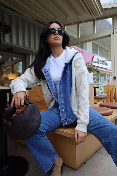 Tuba Butik Tricotaj Detaliat Denim Blue Jachetă de damă