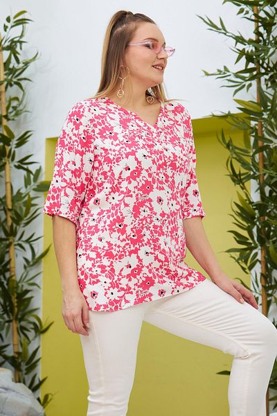 Imagine Giyim Bezexl Prevailing Collar Floral Patterned Plus Size Fuchsia Blouse