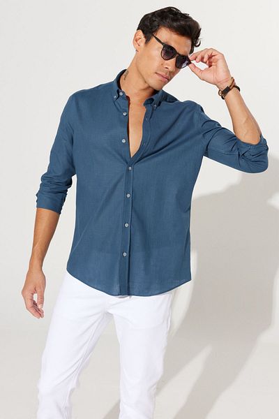 AC&Co / Altınyıldız Classics Cămașă pentru bărbați, 100% bumbac, Oxford, slim fit, cu guler cu nasturi
