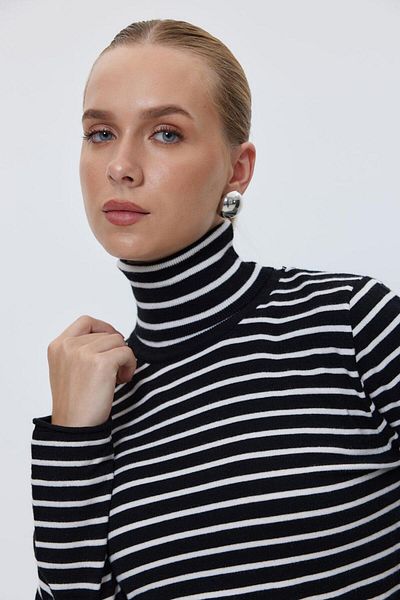 Tuba Butik Turtleneck Striped Knitwear Black Women's Sweater
