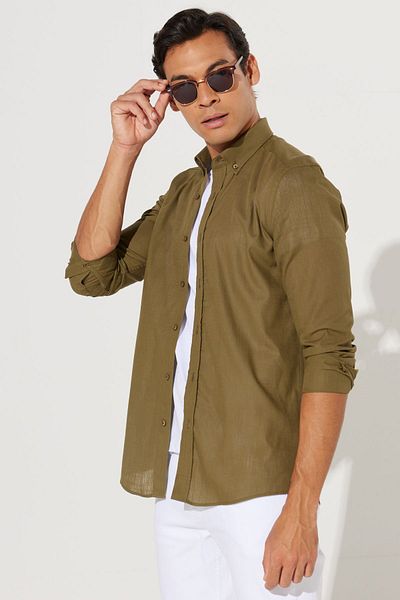 AC&Co / Altınyıldız Classics Ανδρικό πουκάμισο K.khaki 100% βαμβακερό φανελένιο Oxford Slim Fit με γιακά με κουμπιά