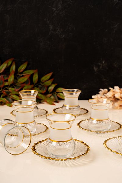 MEST 12 Pieces Gold Gilded Glass Tea Cup Set for 6 People – Carry Your Elegance on Your Tableways