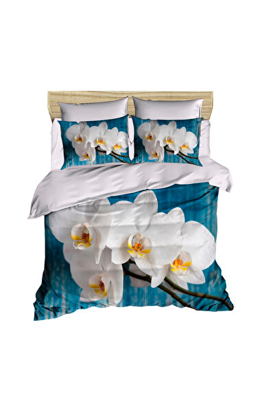 Fabeteks White Orchid Flower 3D Digital Double Duvet Cover Set