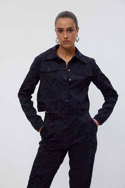 Tuba Butik Patterned Short Navy Blue Women's Jacket