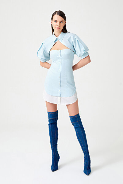 Jus De Pommes MAVİ PENCERE DETAYLI MİNİ GÖMLEK ELBİSE