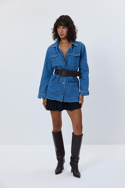 Tuba Butik Jachetă de damă albastră denim cu curea