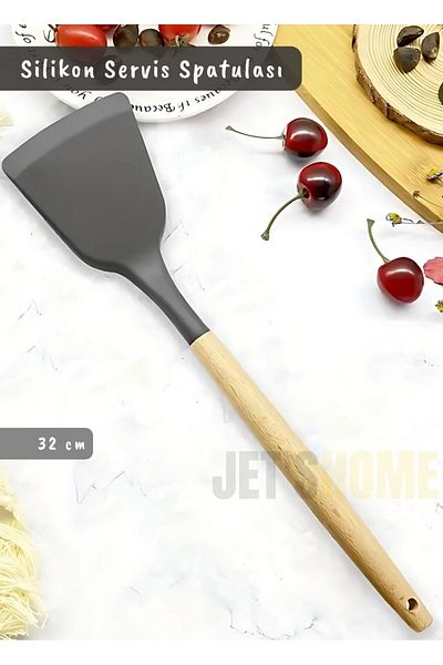 Jet's Home 32 cm Silicone Serving Spatula - Kitchen Spoon, Cake Spatula, Wooden Handle