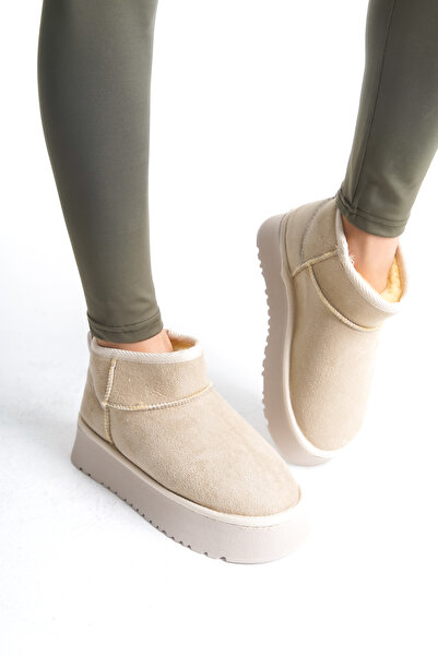 Shu Mhu Ug Model Düz Desen Süet Içi Kürklü Kalin Taban Kadin Krem Bootie
