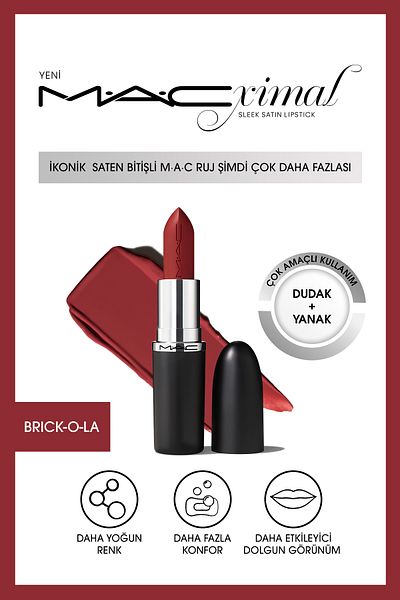 M.A.C Macximal Sleek Satin Lipstick Ikonik Satin Finish Lipstick-brick-o-la 3.5gm