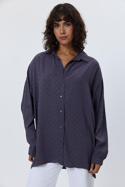 Tuba Butik Oversize Patterned Satin Smoked Women's Shirt