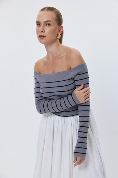 Tuba Butik Tricotaj cu dungi cu gât barcă Pulover de damă gri