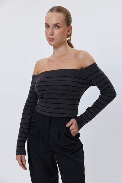 Tuba Butik Tricotaj cu dungi cu gât barca Pulover de damă antracit