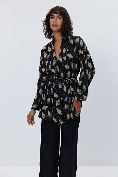 Tuba Butik Satin Kimono Trousers Black Women's Set
