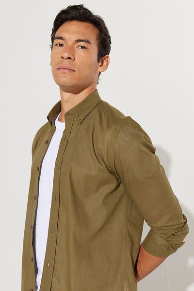 AC&Co / Altınyıldız Classics Ανδρικό πουκάμισο K.khaki 100% βαμβακερό φανελένιο Oxford Slim Fit με γιακά με κουμπιά