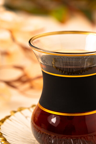 MEST 12 Parça 6 Kişilik Siyah Gold Yaldızlı Cam Çay Bardağı Seti – Sofralarınıza Şıklık ve Zarafet Katın