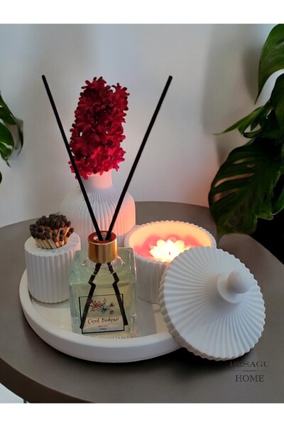 BESAGU HOME DEKORATİF MUM VE VAZO SETİ - VAZO+ODA KOKUSU+KUBBELİ MUMLUK VE MU...