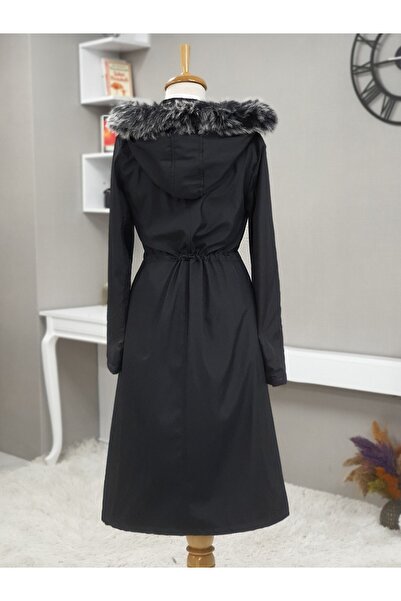 Modamorfo Metal Star Detailed Hooded Long Coat - Black