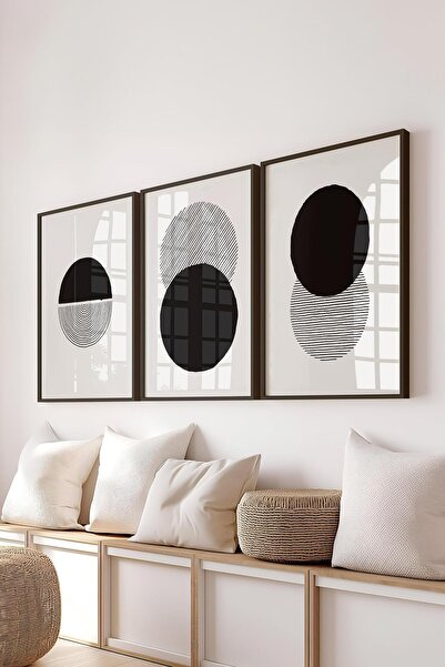 Postifull Çerçeveli Tablo Seti, 3 Adet Siyah Çerçeve ve Geometrik Temalı Post...