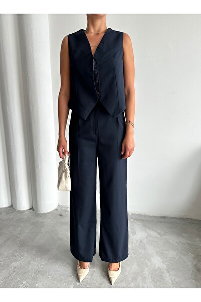 Laluvia Sötétkék Miranda szövet mellény nadrág szett