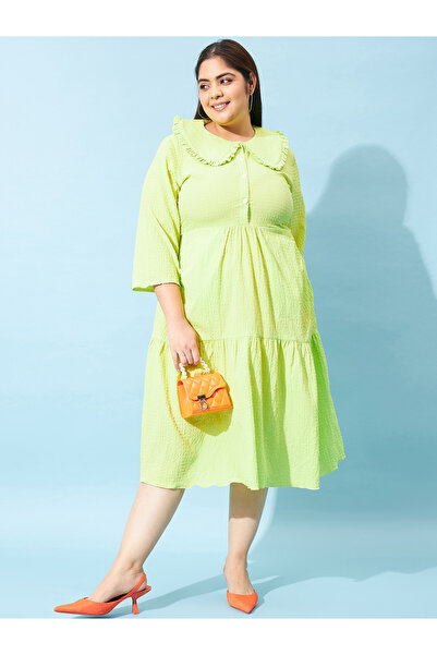 Athena By Styli Plus Size Seersucker Peter Pan Collar Fit & Flare Midi Dress