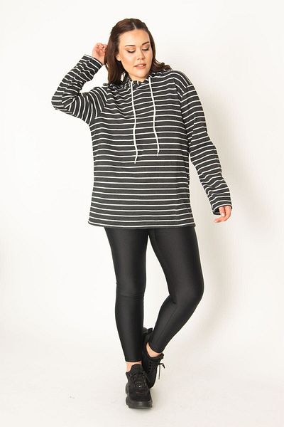 Şans Women's Large Size Black Raised Fabric Hooded Sweatshirt 65n32459