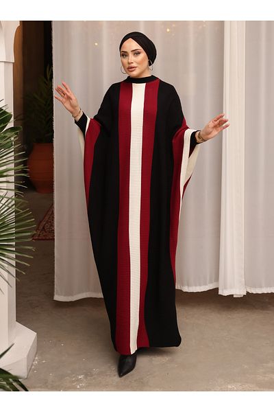 SAHRA BUTİK Bat Sleeve Knitwear Tesetural Dress - Black-Burgundy - Sahra Butik
