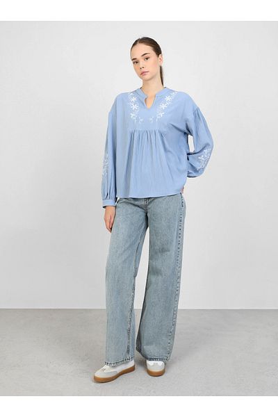 Benin Sky Blue Floral Embroidered V-Neck Tunic