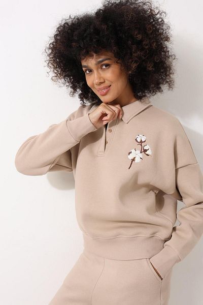 AMİDA Hanorac oversize brodat pentru femei, bej, cu gât polo, piept din bumbac, broderie - 2452